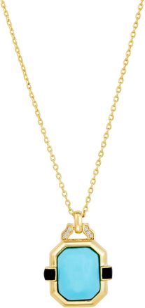Savvy Cie Jewels GOLD PLATED OVER BRASS BLACK ENAMEL RESIN ART DECO TURQUOISE BLACK ENAMEL AND WHITE CZ PENDANT