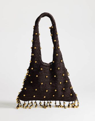 Topshop Molly borsa media intrecciata con perline color cioccolato-Marrone