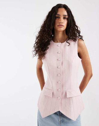 River Island Gilet accollato rosa a righe in coordinato