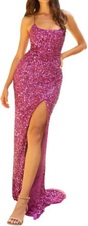Primavera Strap Back Sequin Fitted Gown In Fuchsia