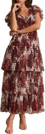 Mint Velvet Floral Print Tulle Midi Dress in Red at Nordstrom, Size 12