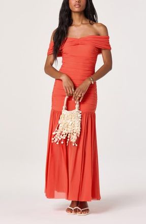 ASTR the Label Andreanna Off the Shoulder Mesh Maxi Dress in Red Orange at Nordstrom, Size X-Small