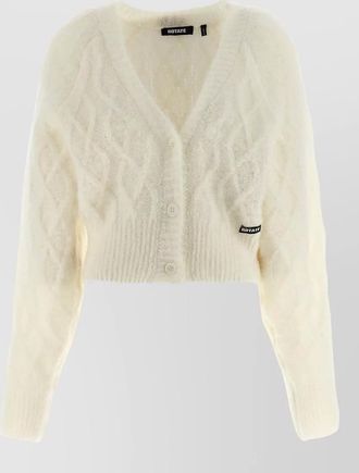 Rotate knit cardigan cable pattern ribbed trims v neck