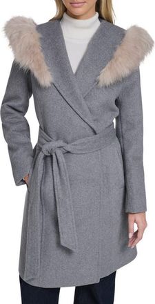 Cole Haan Slick Wool Blend Coat with Faux Fur Trim Hood in Medium Grey at Nordstrom, Size 12