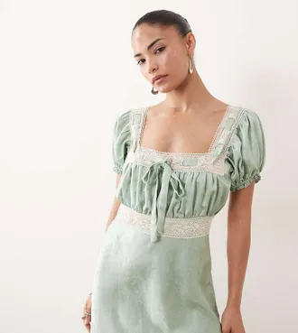 Hope & Ivy Petite Vestito lungo in raso jacquard verde con scollo squadrato, maniche a sbuffo e dettagli in pizzo