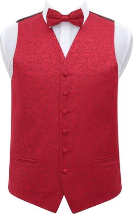DQT Premium Woven Jacquard Swirl Burgundy Mens Wedding Waistcoat Vest and Pre-tied Bow Tie 2 pc. Matching Set - 38