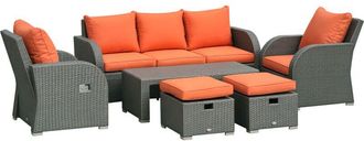 OUTSUNNY 6pc Padded Outdoor Rattan Wicker 3-Seat Sofa Recliner Footstool Table Orange