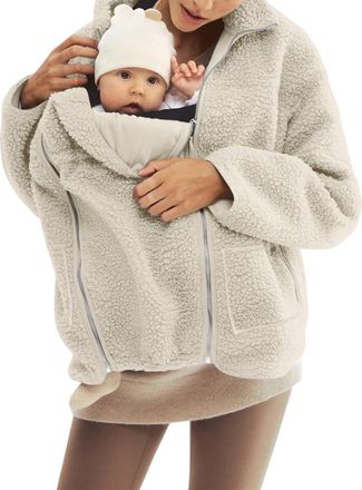 Generic Womens 2 in 1 Maternity Coat Fleece Jackets with Baby Wearing, Winter Zip Up Themal Outwear Thicken Overcoat Beige