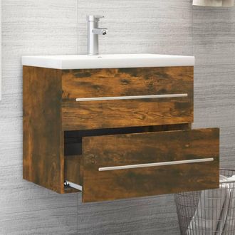 Berkfield Home Sink Cabinet with Built-in Basin Smoked Oak Engineered Wood in Brown