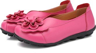 Generic Womens Casual Leather Loafer Flat Casual Moccasins Slip On Flowers Boat Driving Shoes,Pink 2,4 UK