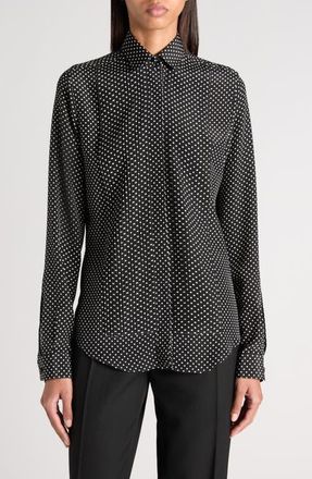Tom Ford Mini Dot Pintuck Crepe Shirt in Black/Off White at Nordstrom, Size 12 Us