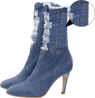 SOLUSTRE Elastic Thin Heels Denim Boots for Women Slimming High Heel Autumn Winter Non-slip Stylish Footwear for Jeans Skirts Dresses
