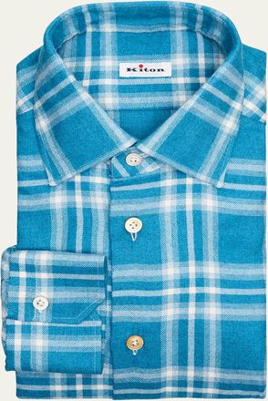 Kiton Mens Plaid Cotton Dress Shirt