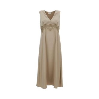 P.A.R.O.S.H. Midi Dresses, female, Beige, Size: M Midi dress with V-neck and lace insert