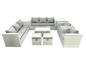 Fimous Outdoor Rattan Sofa Garden Furniture Set with 2 Armchairs Oblong Coffee Table 2 Small Footstools 2 Side Tables Light Grey Mixed