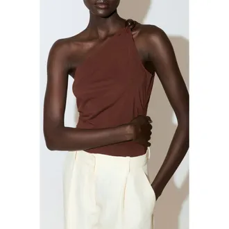 Mango One-Shoulder Knit Top in Burnt Orange at Nordstrom, Size Large