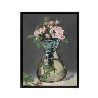 Artery8 Moss Roses in a Vase Oil Painting Manet Vintage Framed Canvas Wall Art in Grey | Size: W24 x H32