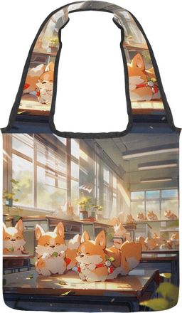 Generic Cute corgi Puppy Reversible Canvas Shoulder Tote - Double-Sided Print, 12oz Cotton, 27cm Drop, Fold-Flat Bag for Travel, Shopping, Street Outings
