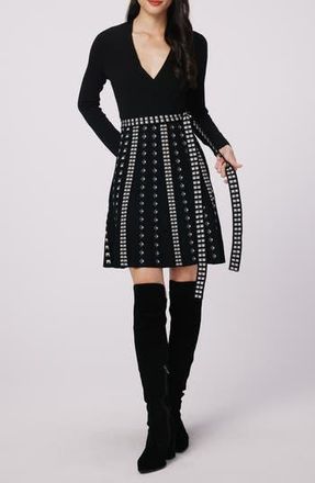 Diane Von F&uuml;rstenberg Chelsea Long Sleeve Metallic Pleat Dress in Black/stud at Nordstrom Rack, Size Large