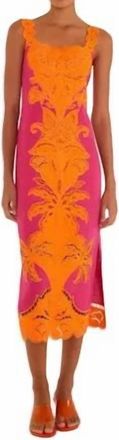 Farm Rio Cutwork Midi Dress In Pink/orange
