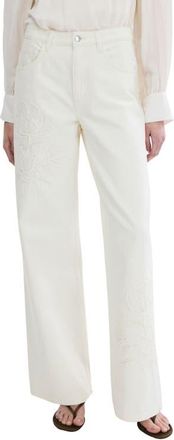 Mango Flower Embroidered Straight Leg Jeans in Ecru at Nordstrom, Size 10