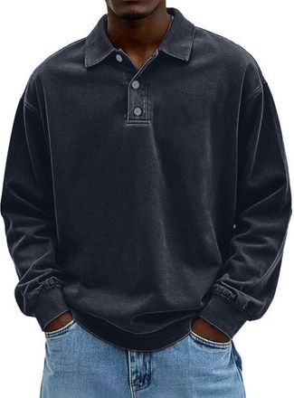 Generic Mens Knitted Polo Collar Shirt Jumper Soft Long Sleeve Loose Fit Pullover Versatile Solid Colour Knitwear for Smart Casual Office Wear Fleece Sweatshi