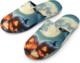 Generic Halloween Pumpkins Bat Moon Mens Cozy House Slippers Winter Warm Shoes with Anti-Slip Sole for Travel Indoor Outdoor