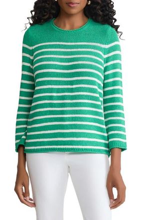 Jones New York Stripe Crewneck Sweater in Kelly /White Sand at Nordstrom, Size X-Small P