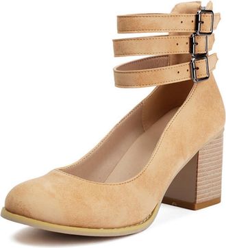 Generic Womens Triple Buckle Ankle Strap Block Heel Suede Round Toe Pumps Adjustable Straps Durable Sole Comfortable Supportive Shoes,Apricot,6.5 UK