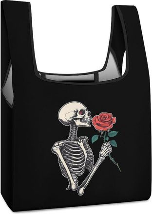 Generic Skeleton Holding A Rose Reusable Shopping Bags Lightweight Foldable Grocery Bag Polyester Washable Tote Bag