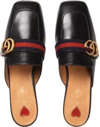 Gucci Black Leather Peyton Square-Toe Mules Size 38