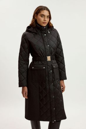 Karen Millen Womens Quilted Hooded Longline Coat - Black - Size 8 UK