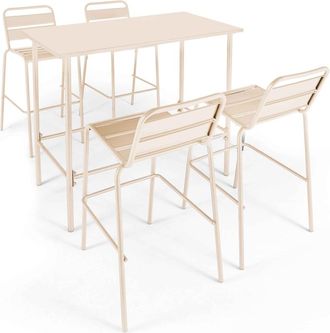 Oviala Conjunto mesa alta y 4 taburetes de bar en metal marfil