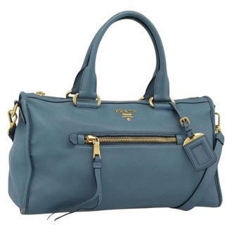 Prada Front Zip Convertible Satchel Vitello Phenix Blue Leather Handbag (Pre-Owned)