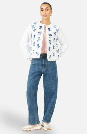 Yumi Floral Embroidery Cotton Jacket in White at Nordstrom, Size 12