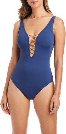 Bleu Rod Beattie Kore Lace Down Mio One-Piece Swimsuit in Midnight/Rose Gold at Nordstrom, Size 12