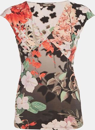Roberto Cavalli Multicolor Floral Print Jersey V-Neck Top S