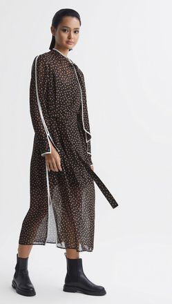 Reiss Womens Black & Brown Polka Dot Tie Neck Midi Dress, Size: 8