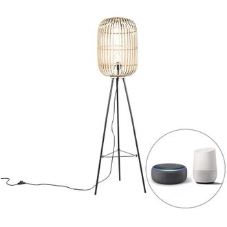 QAZQA R&uacute;stico L&aacute;mpara De Pie Inteligente R&uacute;stica De Rat&aacute;n Con Wifi A60 - Manila /acero Alargada /redonda Adecuado Para Led Max. 1 X 4.9 Watt - Qazqa