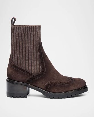 Santoni Ferret Brogue Suede Knit Booties