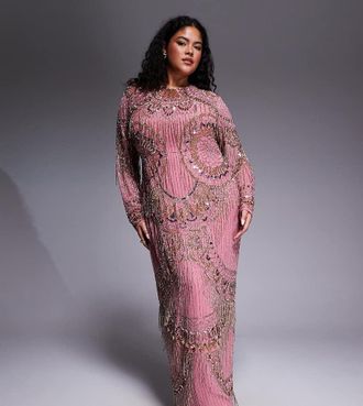 Asos Curve ASOS DESIGN Curve - Vestito lungo rosa decorato con frange