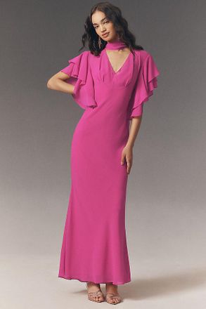 De La Vali Dolores V-Neck Flutter-Sleeve Maxi Dress
