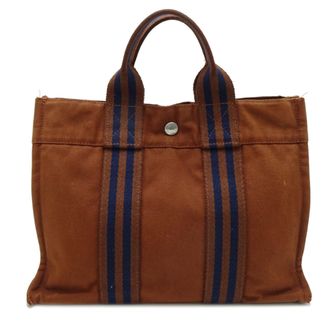 Herm&egrave;s Brown Navy Cotton Tote Bag (Pre-Owned)