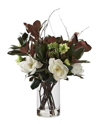 D&W Silks Magnolias & Green Snowball Branches In Large Glass Cylinder