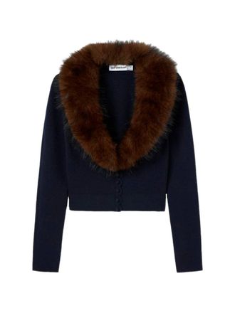 Self Portrait Navy Faux Fur Knit Cardigan