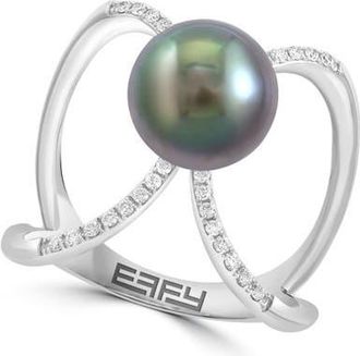 Effy 14K White Gold Crossover Diamond Floating Center Black/Tahitian Pearl Ring in 14K Gold at Nordstrom, Size 7