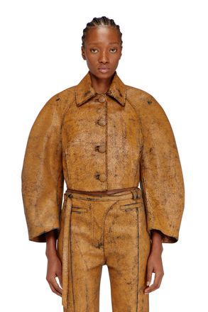 Diesel Cropped cocoon jacket in crackle leather - Leather jackets - Woman - Brown