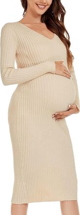 Generic Maternity Dress Long Sleeve V-Neck Knitted Stretchy Jumper Dresses Pregnancy Clothing Christmas Dress Size, White, S