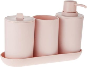 iDesign iDesign Cade accessori bagno, Set da 4 in plastica composto da dispenser sapone, portaspazzolini, contenitore cotone e vassoio, rosa, 24,5 cm x 8,9
