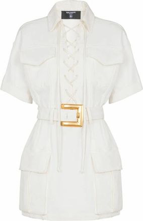 Balmain Korte vetersluiting canvas jurk - Dames - Korte kleedjes - Wit - 2XS - Katoen - Kleedjes
